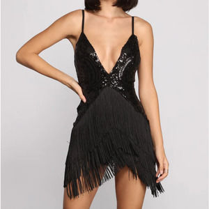 Windsor Romper Stretch Fringe Sequin New Years Eve Club Evening Black Dance M